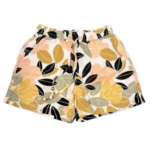 Rachel Zoe 100% Linen Tropical 4 Pocket Elastic Waist Front Tie Pull On Shorts M